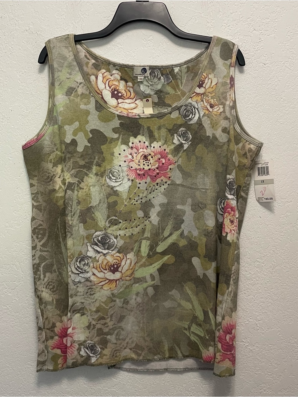 One World 1X floral print tank top camouflage pattern embellished detailing NEW